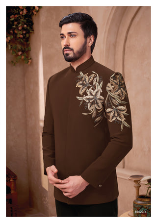 Brown Jodhpuri Suit with Golden Floral Embroidery