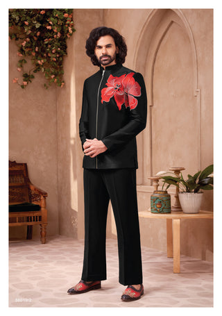 Black Jodhpuri Suit with Red Floral Embroidery