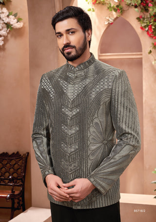 Grey Jodhpuri Suit with Intricate Geometric Embroidery