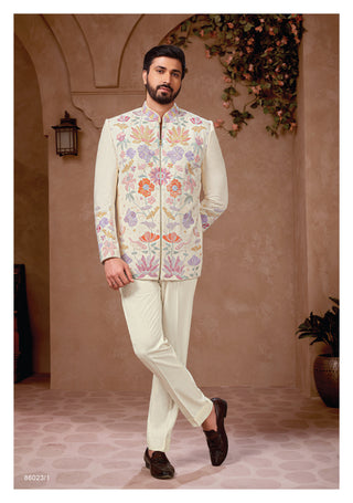 Ivory Jodhpuri Suit with Multicolor Floral Embroidery