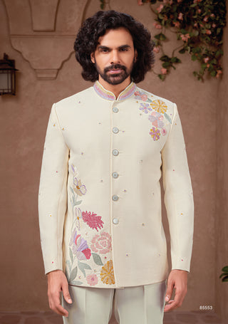 Ivory Jodhpuri Suit with Subtle Floral Embroidery