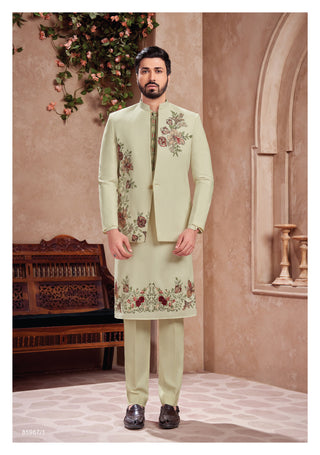 Pastel Green Floral Embroidered Jodhpuri Kurta Set