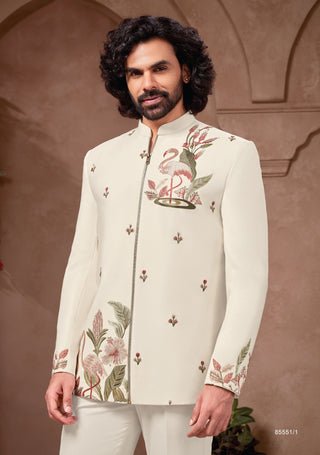 Ivory Jodhpuri Suit with Flamingo Embroidery