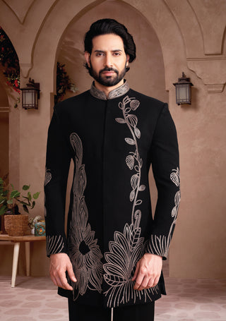 Black Regal Jodhpuri Suit with Metallic Floral Embroidery