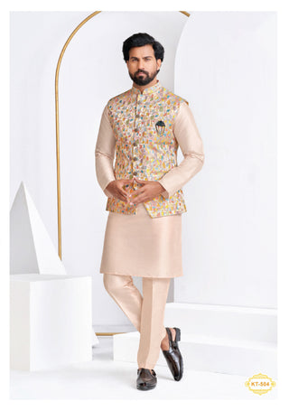 Beige Embroidered Nehru Jacket Kurta Set