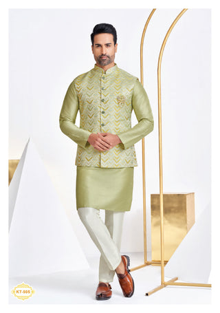 Light Green Chevron Pattern Nehru Jacket Kurta Set