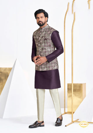 Plum Floral Brocade Nehru Jacket Kurta Set