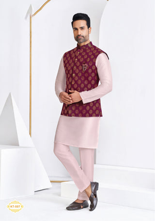 Regal Maroon Nehru Jacket with Pastel Pink Kurta Set