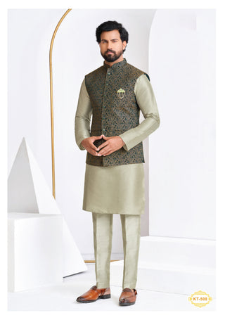 Olive Green Kurta Set with Embroidered Nehru Jacket