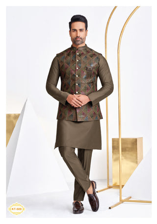 Geometric Print Nehru Jacket with Olive Green Kurta Set