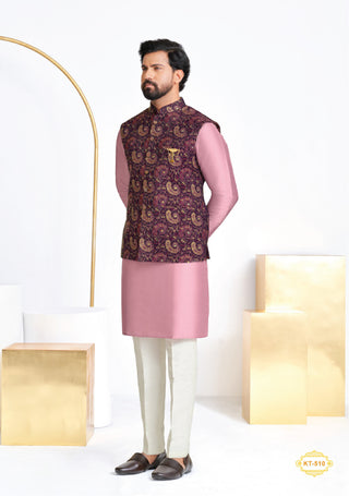 Paisley-Patterned Nehru Jacket with Pink Kurta Set