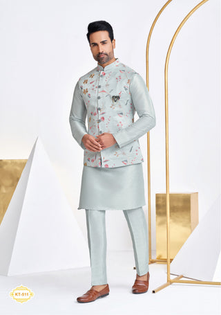 Floral Embroidered Nehru Jacket with Pastel Blue Kurta Set