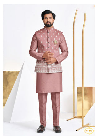 Dusty Rose Nehru Jacket with Embroidered Kurta Set