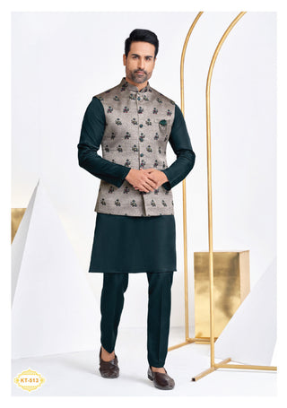 Elegant Green Kurta Set with Printed Silver Nehru Jacket