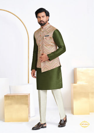 Olive Green Kurta Set with Multi-Colored Printed Nehru Jacket