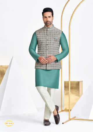 Aqua Green Kurta Set with Printed Nehru Jacket