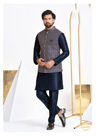 Navy Blue Kurta Set with Textured Nehru Jacket