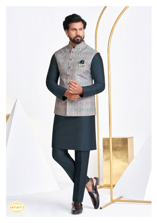 Teal Green Kurta Set with Printed Nehru Jacket