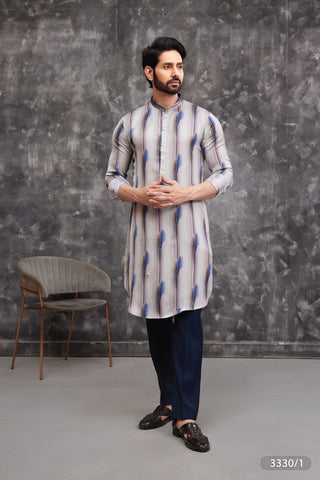 Striped Feather-Inspired Printed Kurta for Men