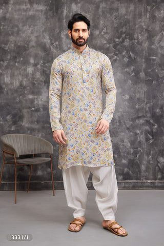 Floral-Printed Beige Festive Kurta for Men