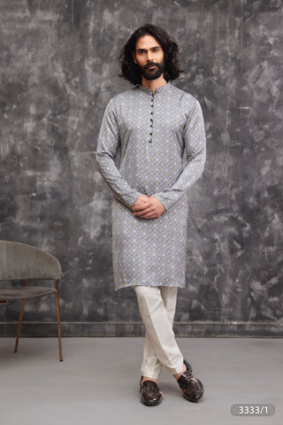 Grey Geometric Print Festive Kurta for Men