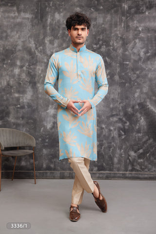 Sky Blue Floral Print Designer Kurta for Men