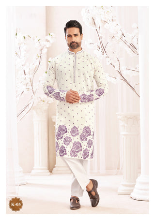 White Kurta Pajama Set with Purple Floral Print