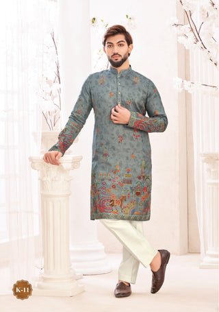 Olive Green Embroidered Kurta Pajama Set with Artistic Motifs