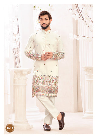 Ivory Peacock Embroidered Designer Kurta