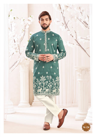 Emerald Green Embroidered Kurta Pajama Set with Nature Motifs