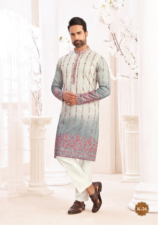 Pastel Blue Ombre Floral Embroidered Kurta Pajama Set