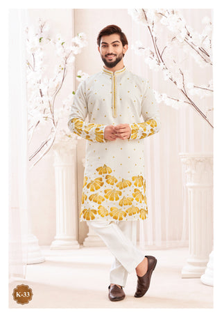 Royal White & Golden Floral Embroidered Kurta